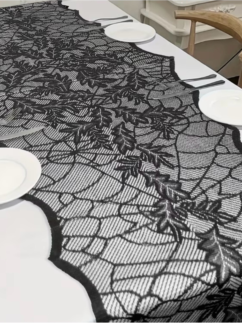 Black Lace Table Runner with Leaf Motif - Home Dining